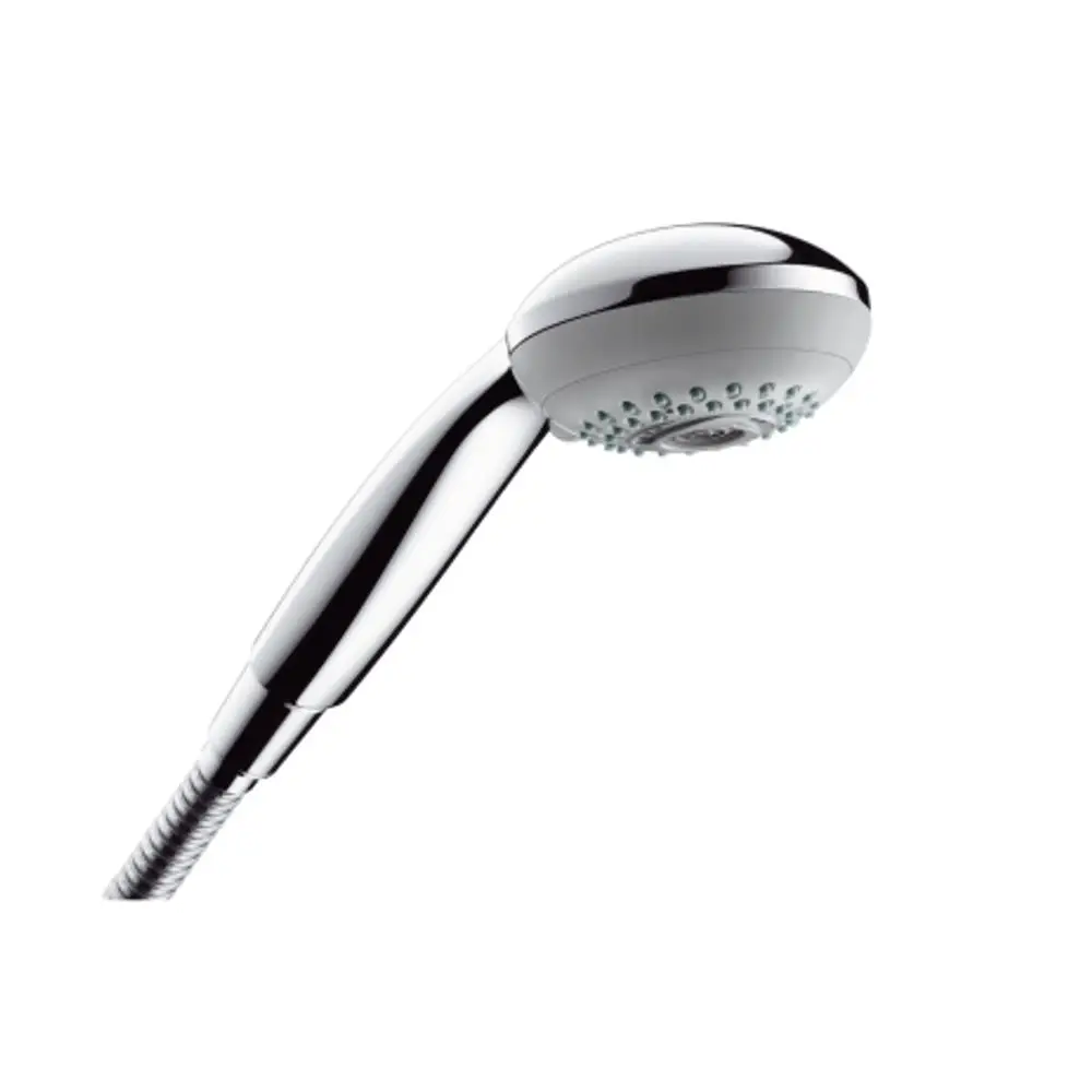 Handbrause von Hansgrohe mit runder Kopfpartie und mehreren Wasserstrahloptionen, montiert an einem flexiblen Schlauch. Edelstahloptik.